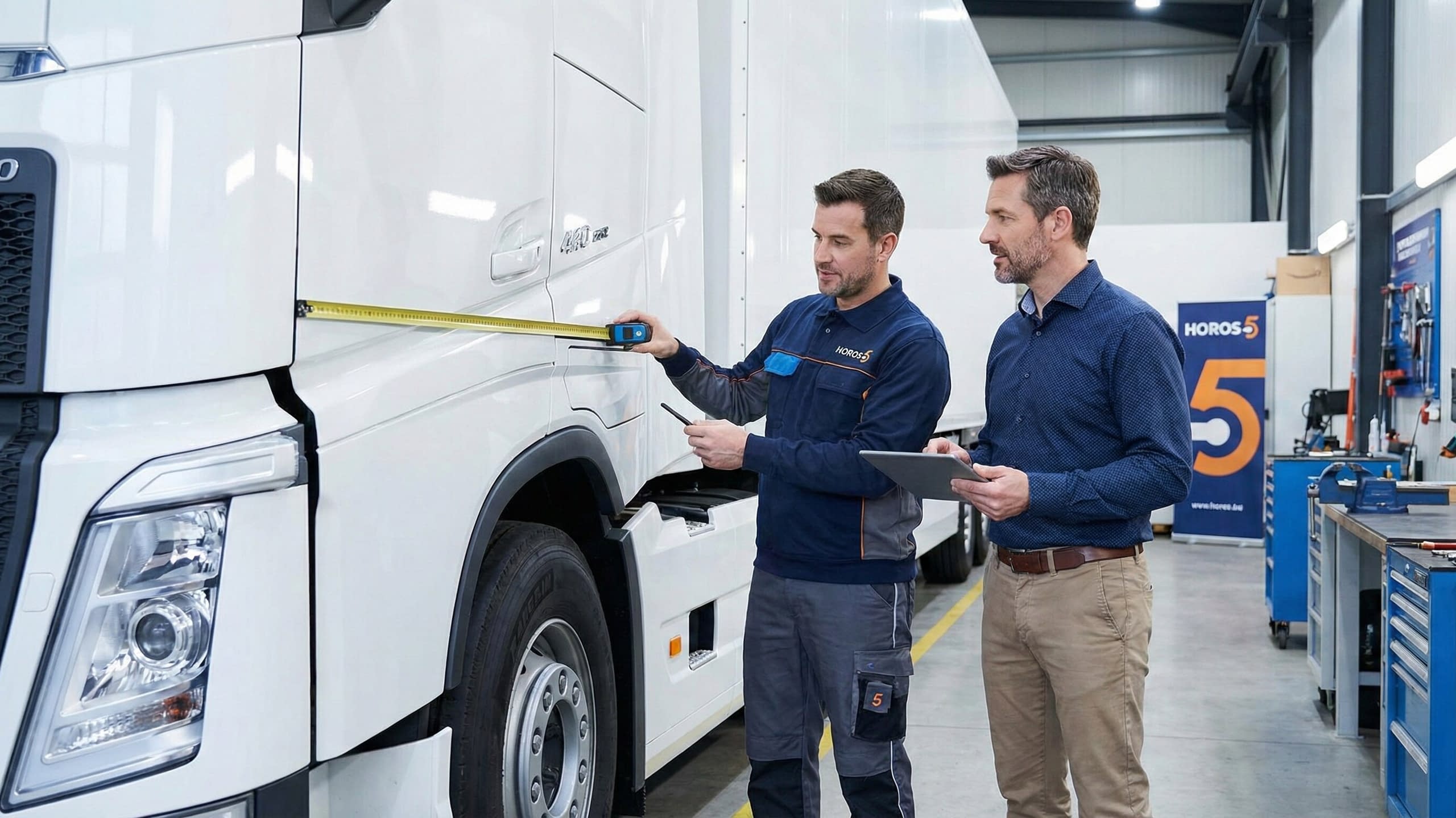 Специалист на Хорос 5 оглежда и снема точни размери от каросерията на бял товарен камион преди инсталацията на рекламно фолио.