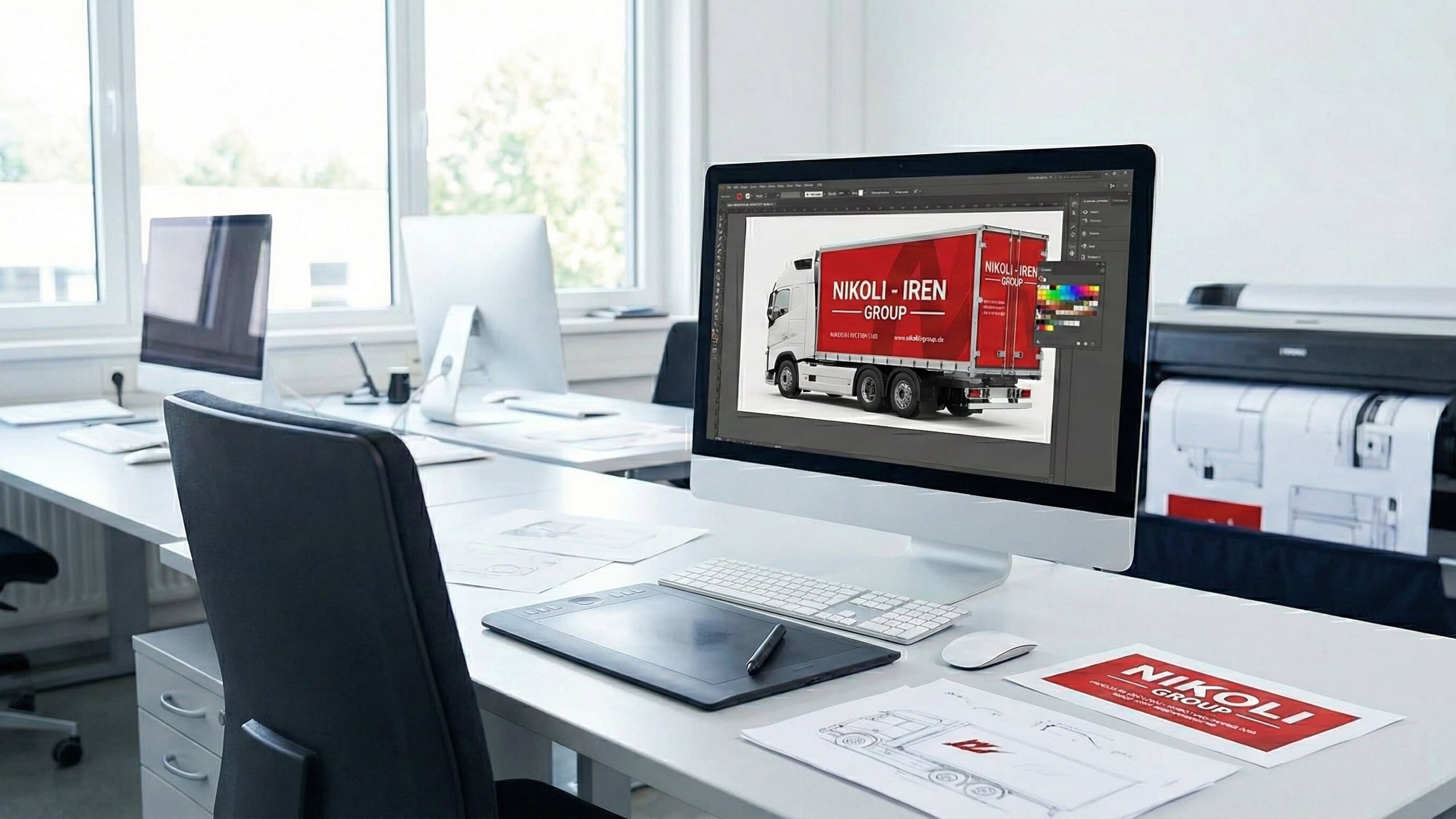 Графичен дизайнер изработва проект за брандиране на камион със специализиран софтуер, адаптирайки рекламната визия към 3D формите на автомобила.