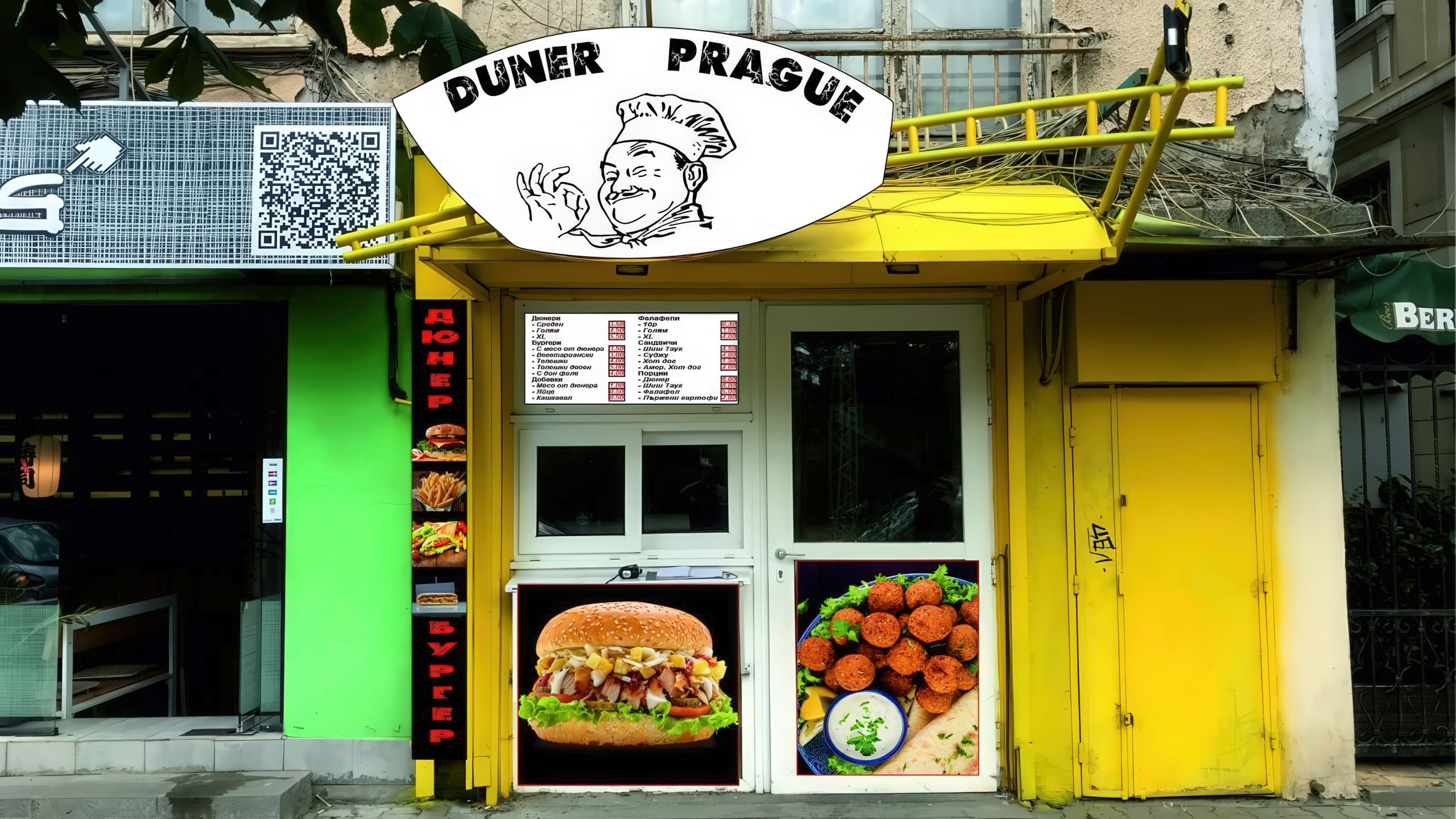 Витрина на заведение за дюнери "Duner Prague", облепена с перфо фолио с апетитни снимки на бургер и фалафели.