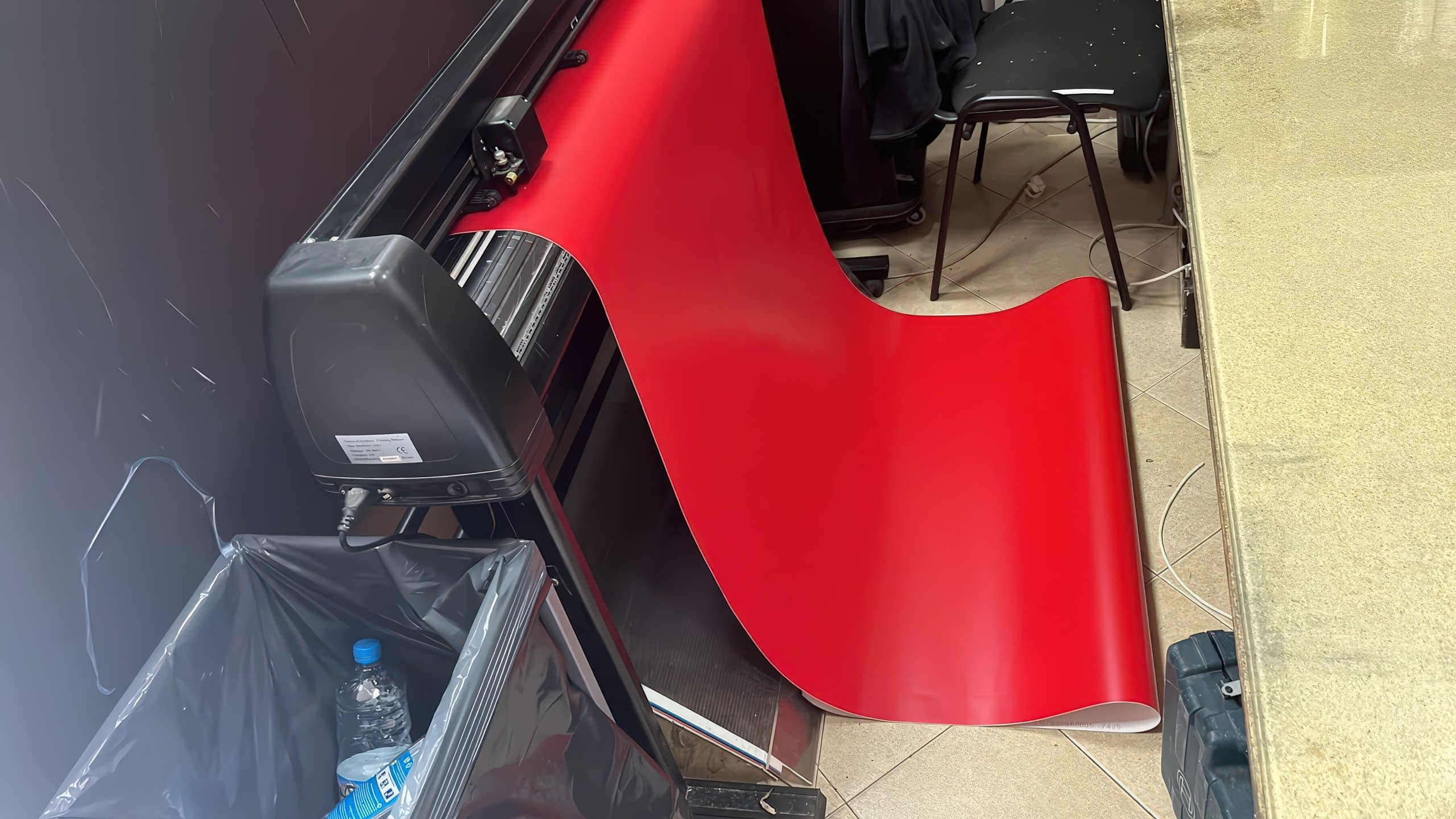Плотер в процес на рязане на голяма ролка червено рекламно PVC фолио за изработка на стикери и надписи.